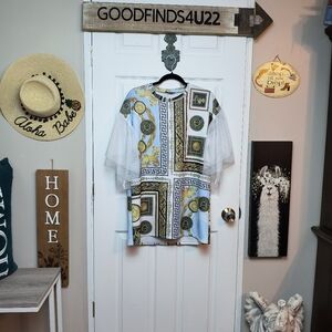 Greek Goddess Medusa Inspired Women's Tunic Top Sheer Ruffle Sleeve Small...